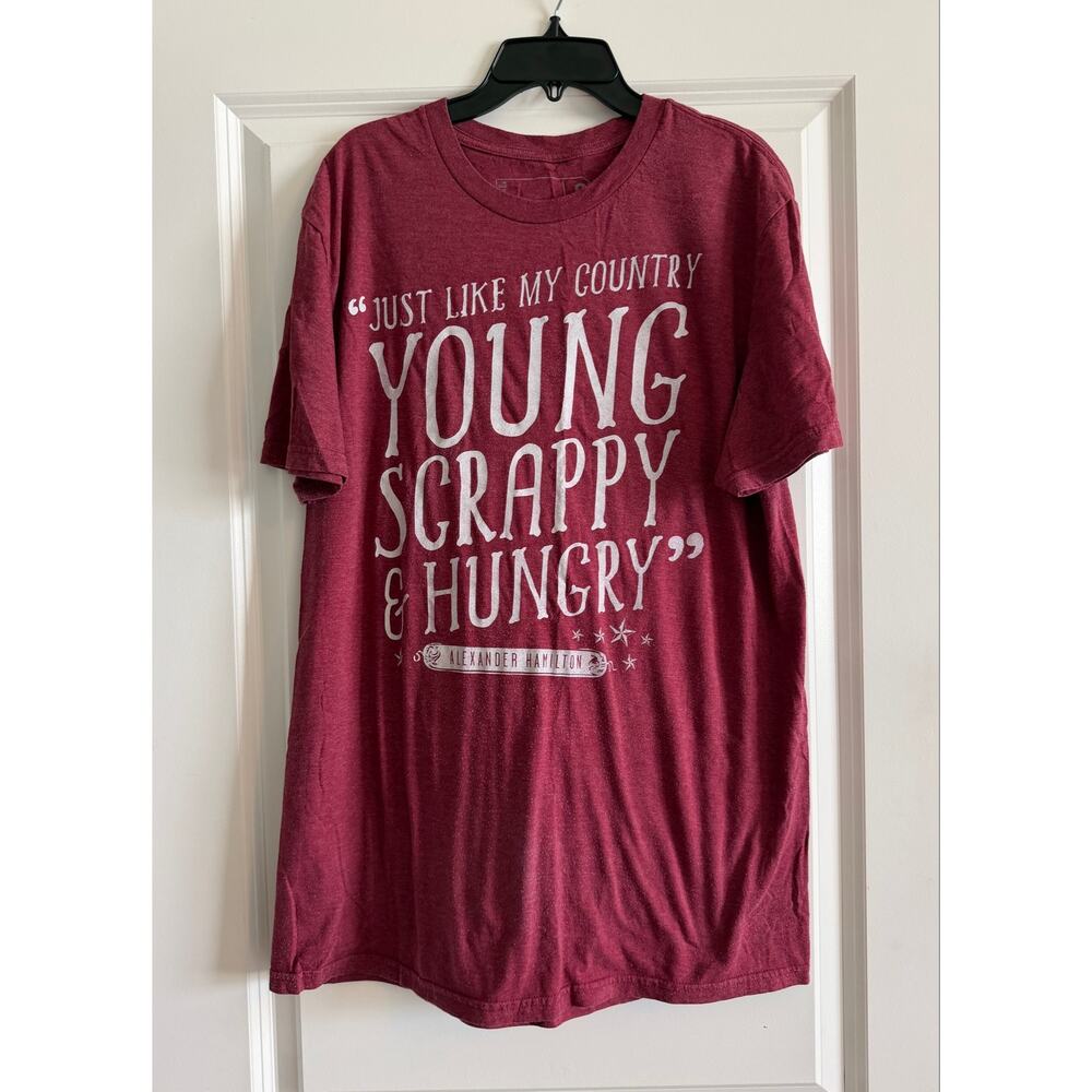 Hamilton Broadway t-shirt Size Large Red Burgundy Young Scrappy & Hungry